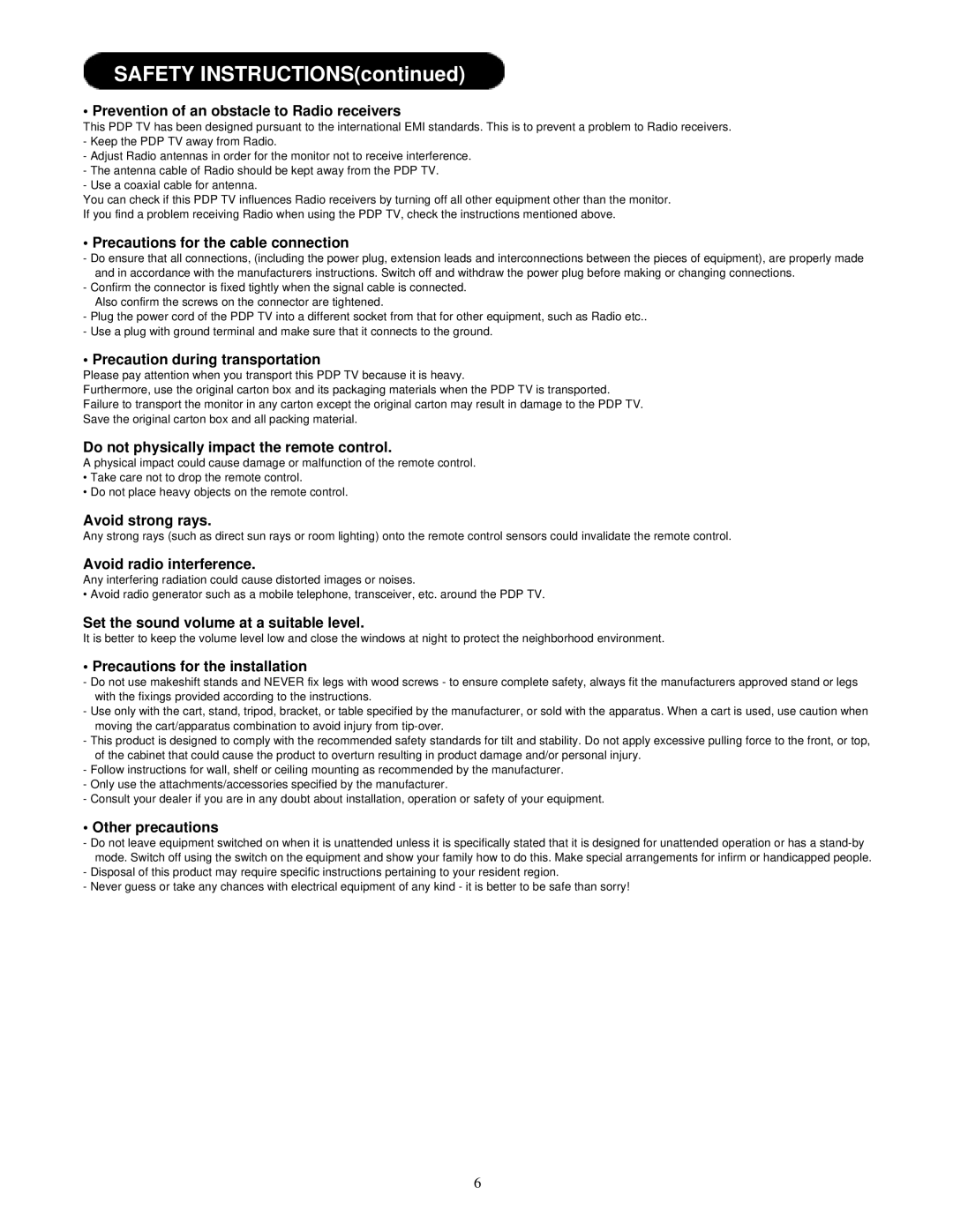 Hitachi 42HDF52 Prevention of an obstacle to Radio receivers, Precautions for the cable connection, Avoid strong rays 