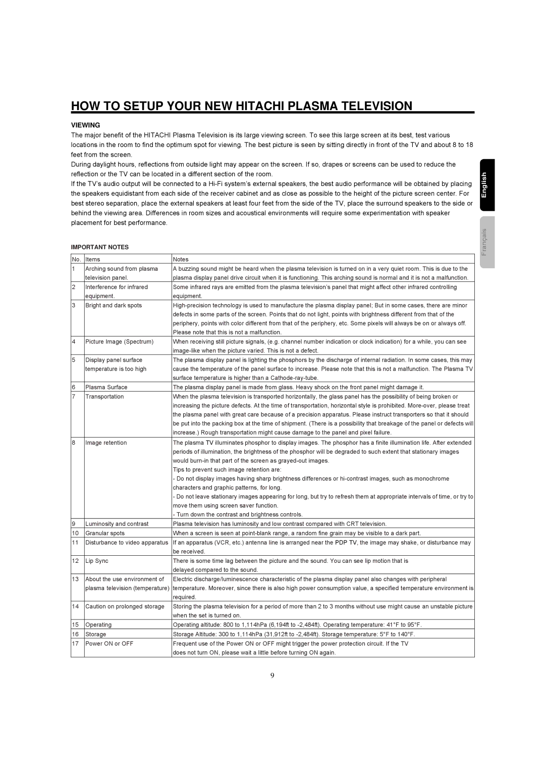 Hitachi 42HDF52A important safety instructions Viewing 