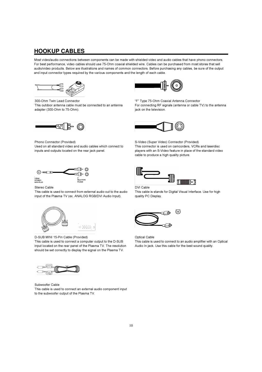 Hitachi 42HDF52A important safety instructions Hookup Cables 