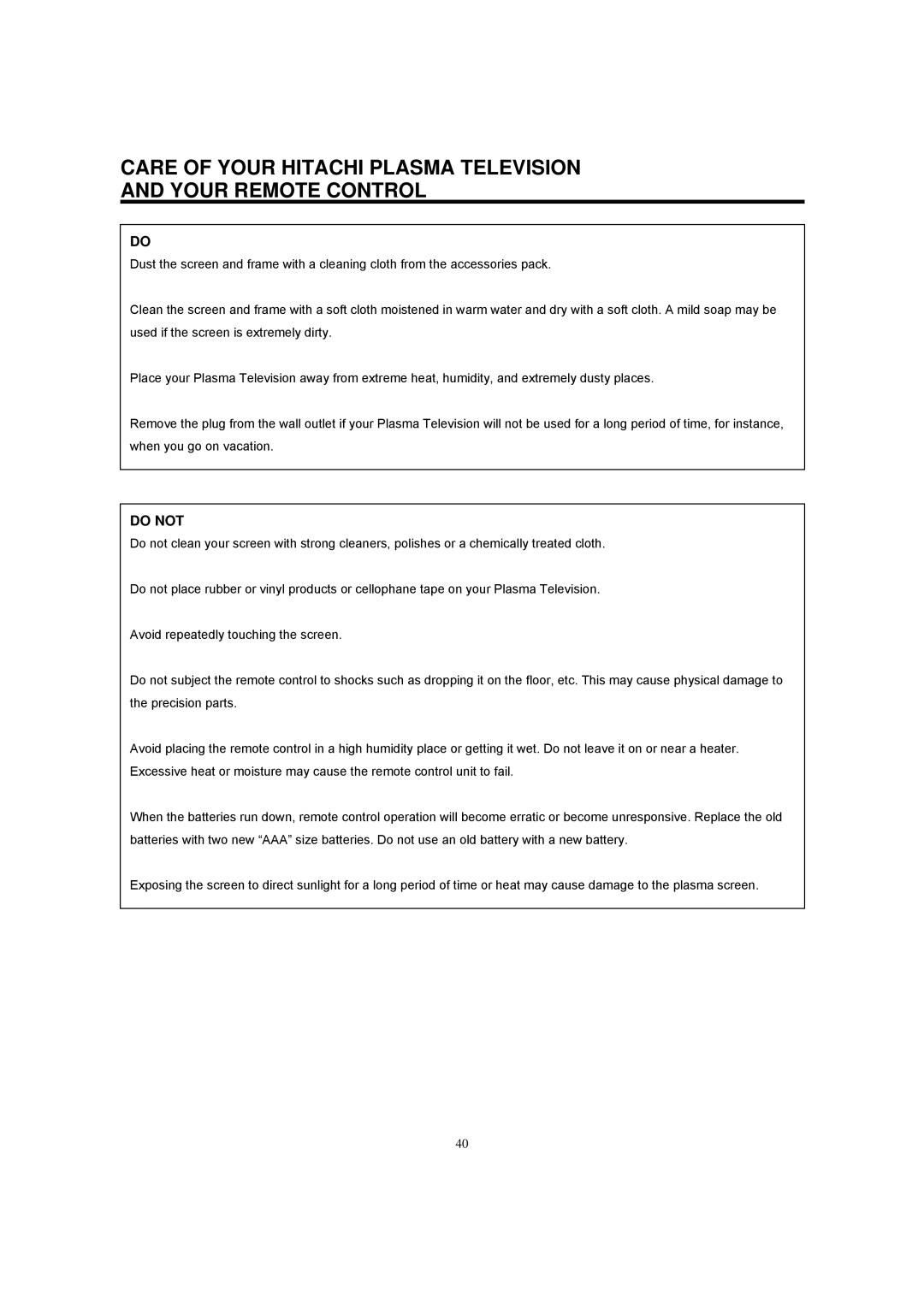 Hitachi 42HDF52A important safety instructions Care of Your Hitachi Plasma Television Your Remote Control, Do not 