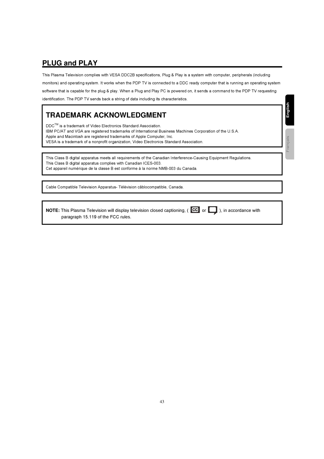 Hitachi 42HDF52A important safety instructions Plug and Play, Trademark Acknowledgment 