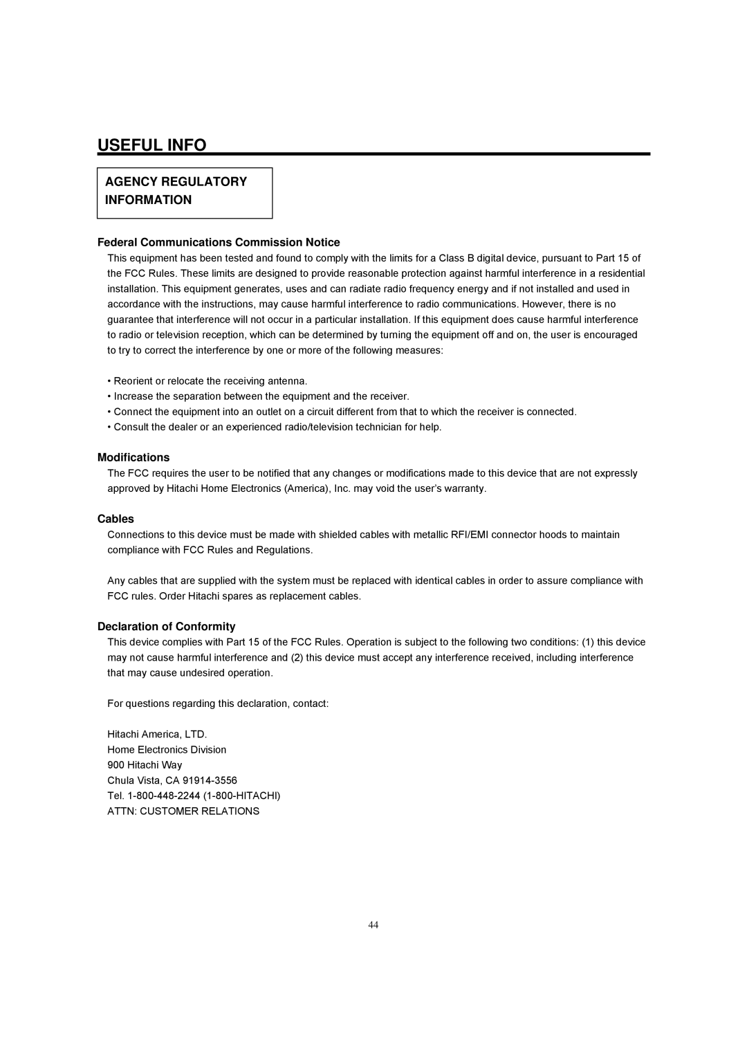 Hitachi 42HDF52A important safety instructions Useful Info, Agency Regulatory Information 