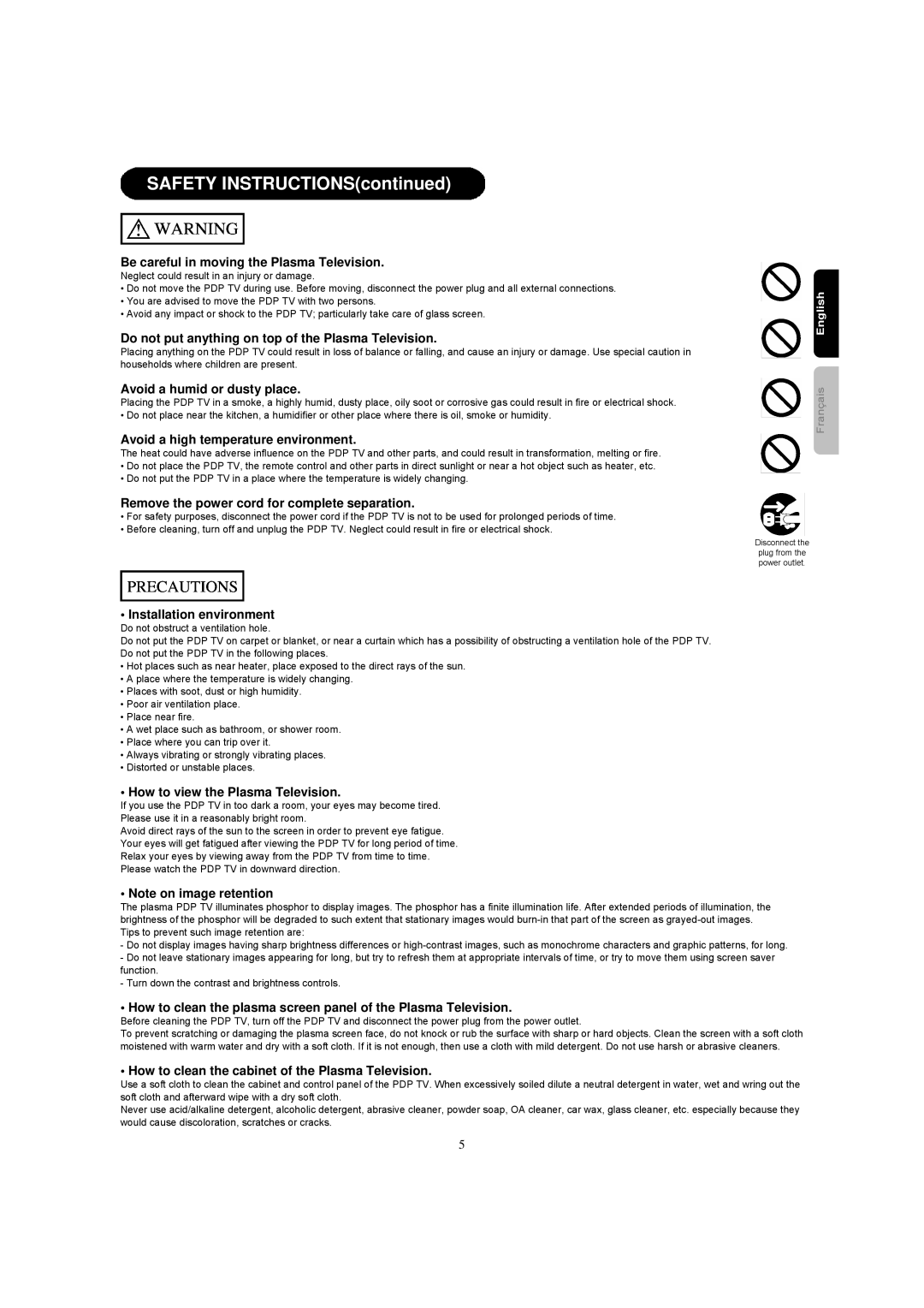 Hitachi 42HDF52A Be careful in moving the Plasma Television, Do not put anything on top of the Plasma Television 