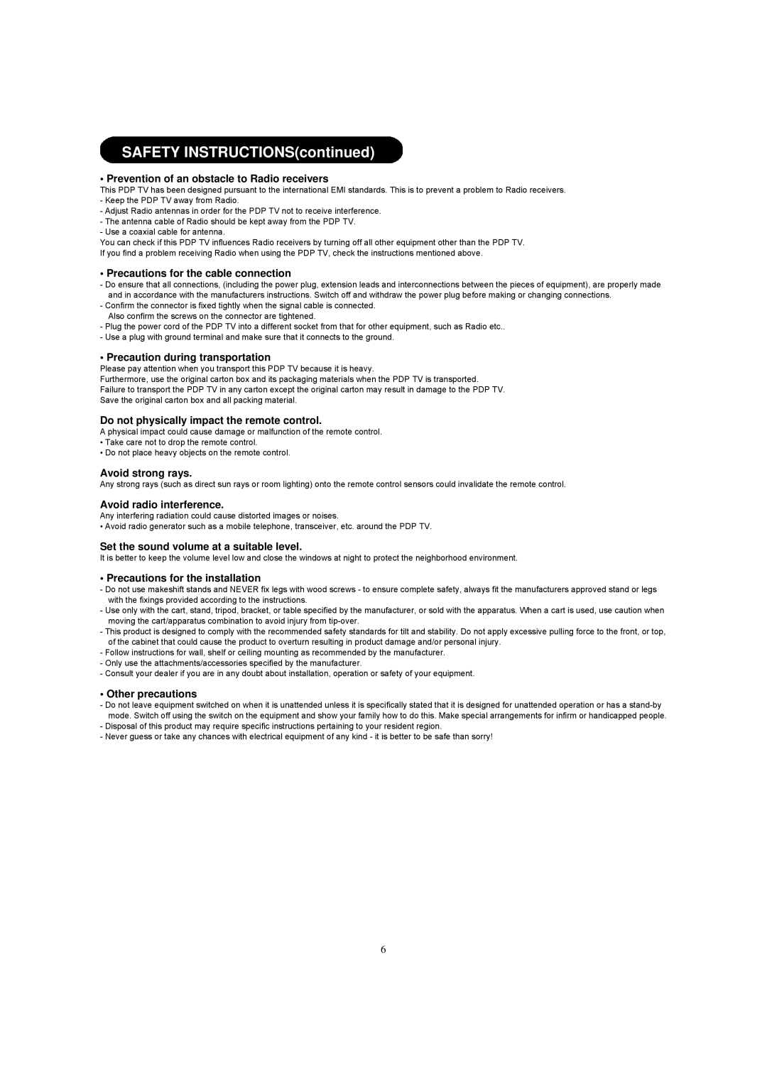 Hitachi 42HDF52A Prevention of an obstacle to Radio receivers, Precautions for the cable connection, Avoid strong rays 