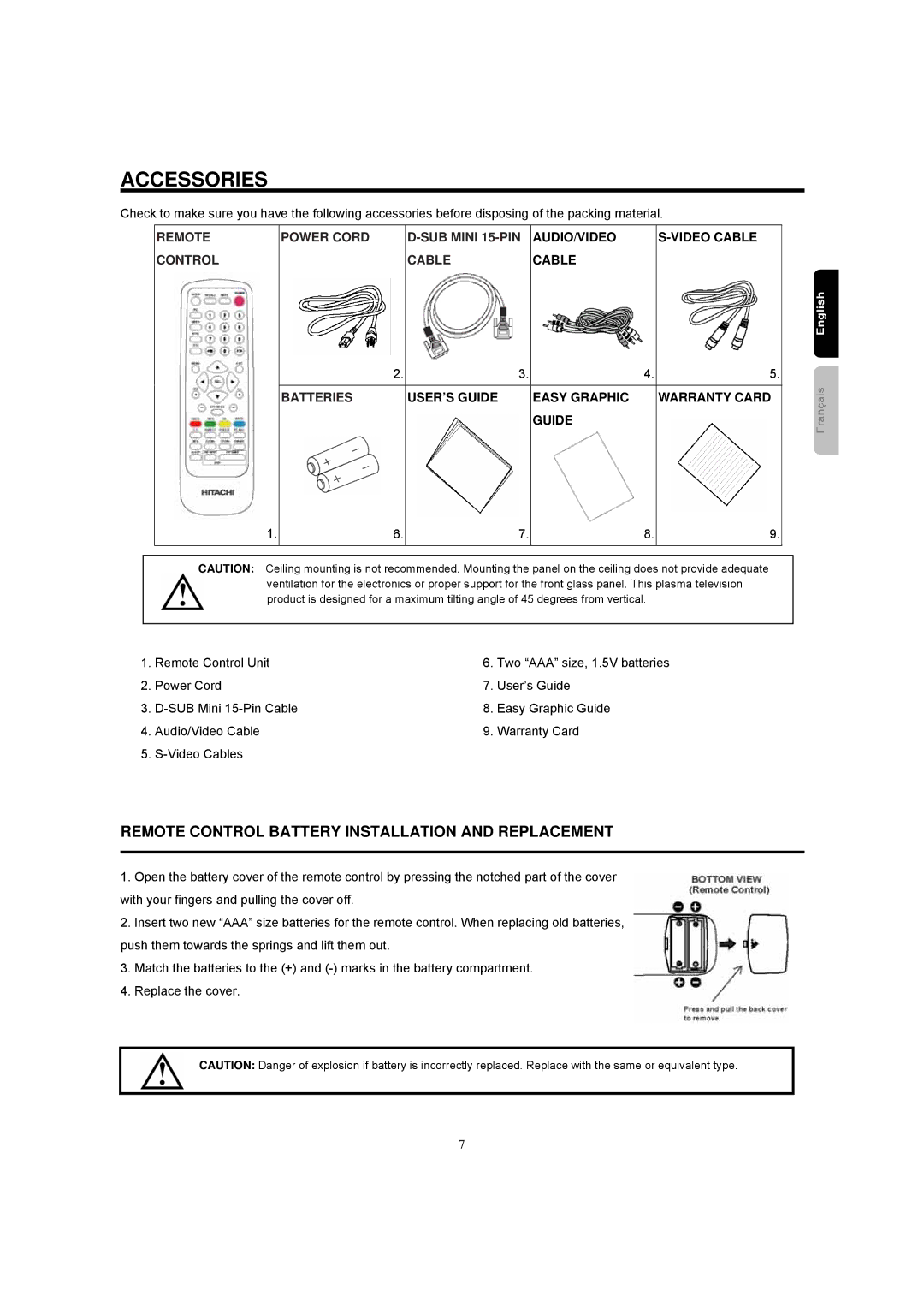 Hitachi 42HDF52A important safety instructions Accessories, Batteries 