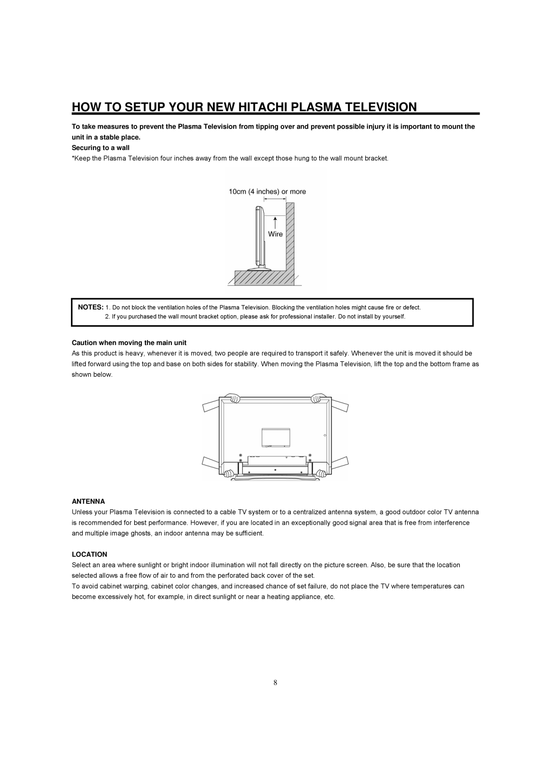 Hitachi 42HDF52A important safety instructions HOW to Setup Your NEW Hitachi Plasma Television, Antenna, Location 