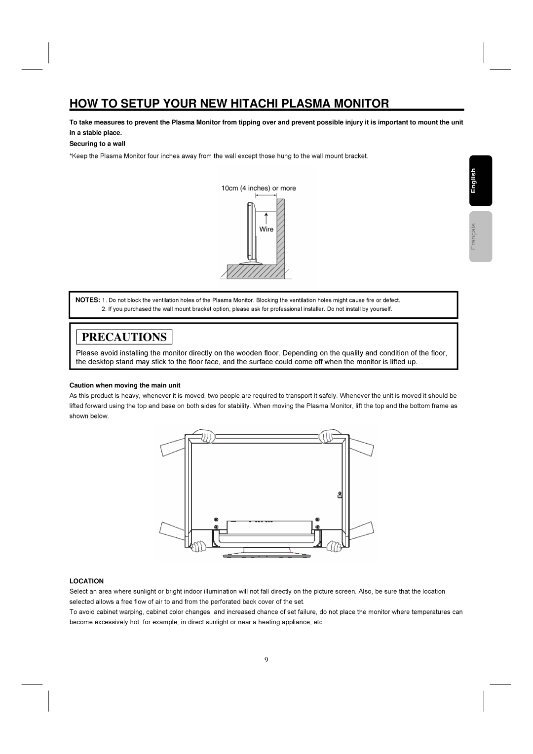 Hitachi 42HDM12 important safety instructions HOW to Setup Your NEW Hitachi Plasma Monitor, Location 