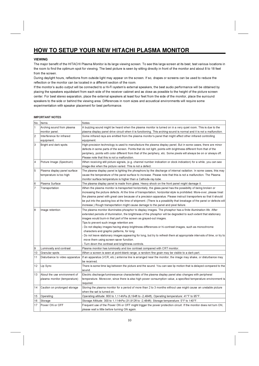 Hitachi 42HDM12 important safety instructions Viewing, Important Notes 