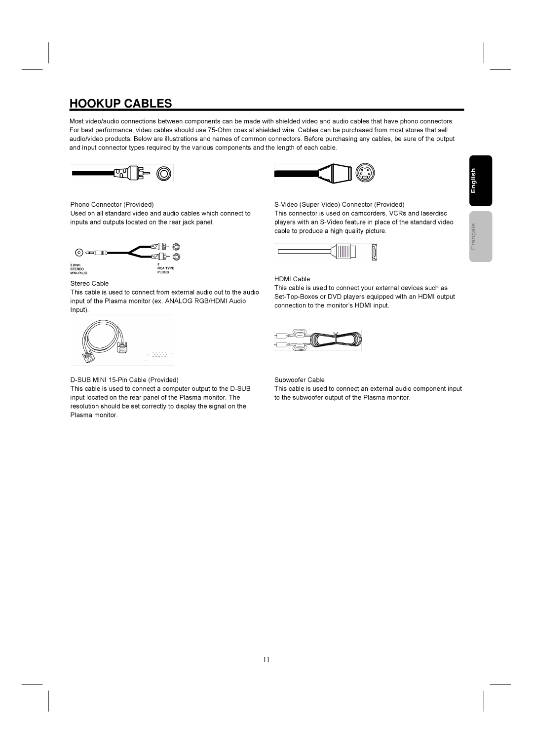 Hitachi 42HDM12 important safety instructions Hookup Cables 