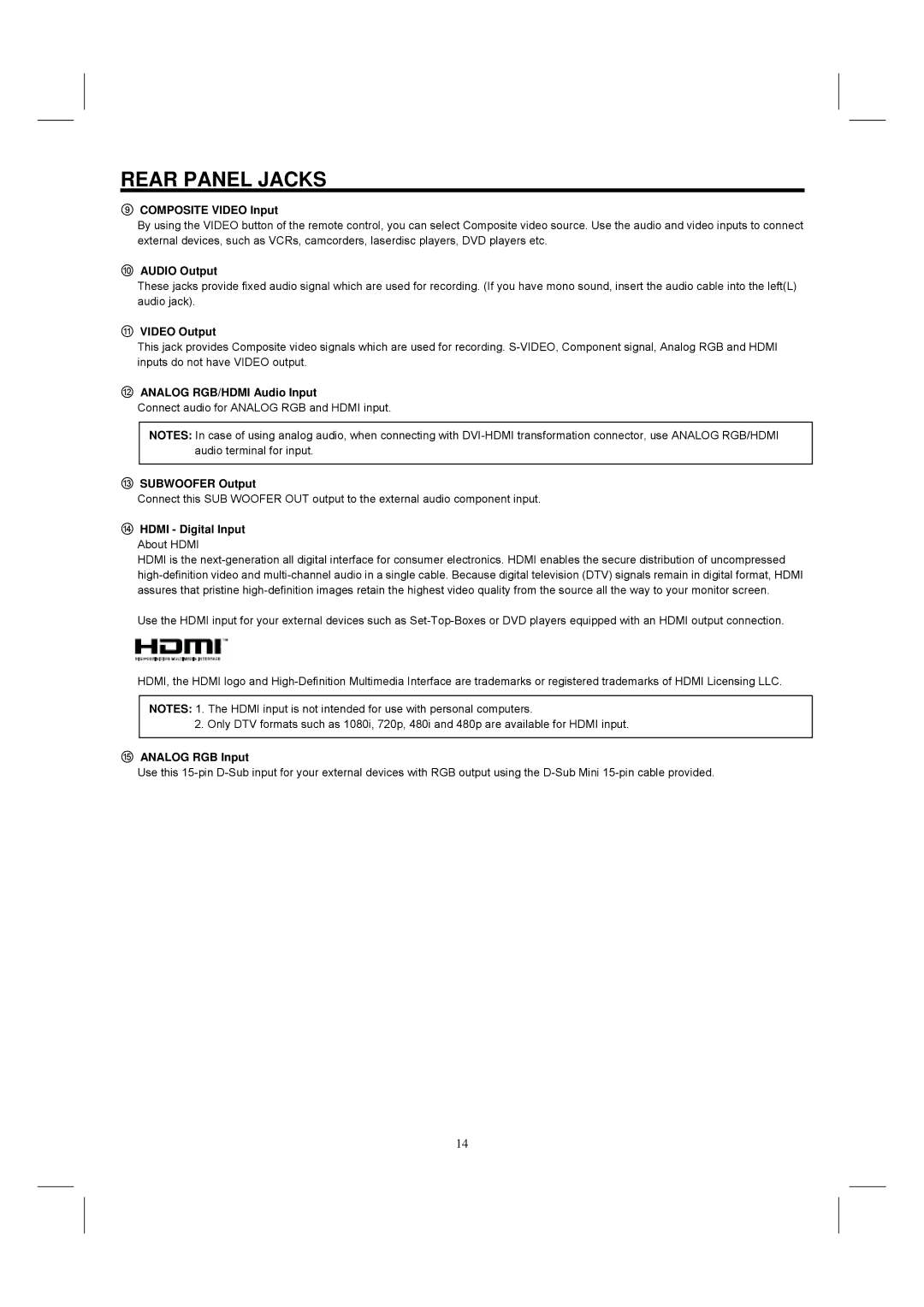 Hitachi 42HDM12 important safety instructions Rear Panel Jacks 