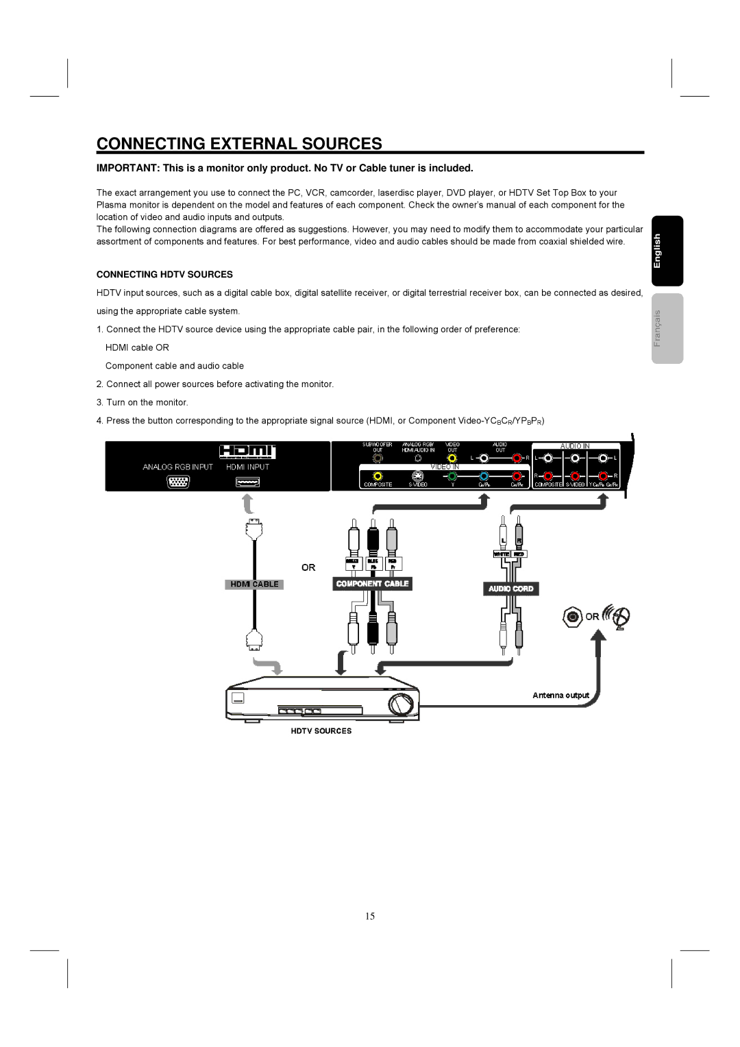 Hitachi 42HDM12 important safety instructions Connecting External Sources, Connecting Hdtv Sources 