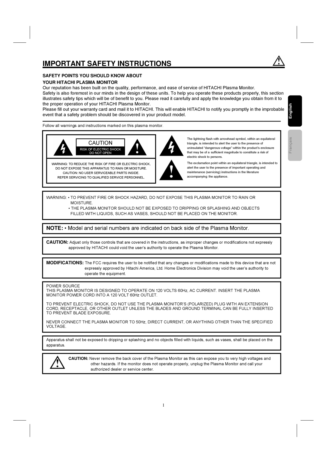 Hitachi 42HDM12 important safety instructions Important Safety Instructions, English 