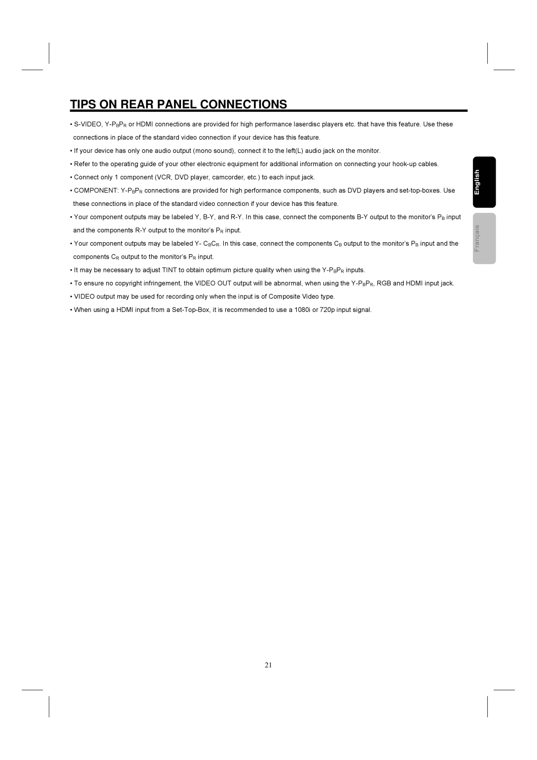 Hitachi 42HDM12 important safety instructions Tips on Rear Panel Connections 