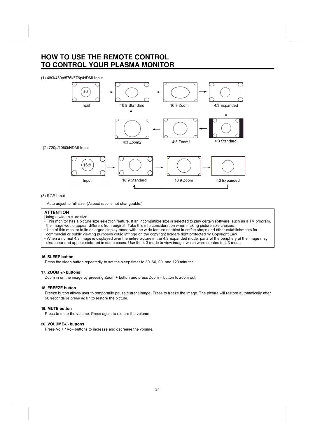 Hitachi 42HDM12 important safety instructions Sleep button, Zoom +/- buttons, Freeze button, Mute button, VOLUME+/- buttons 