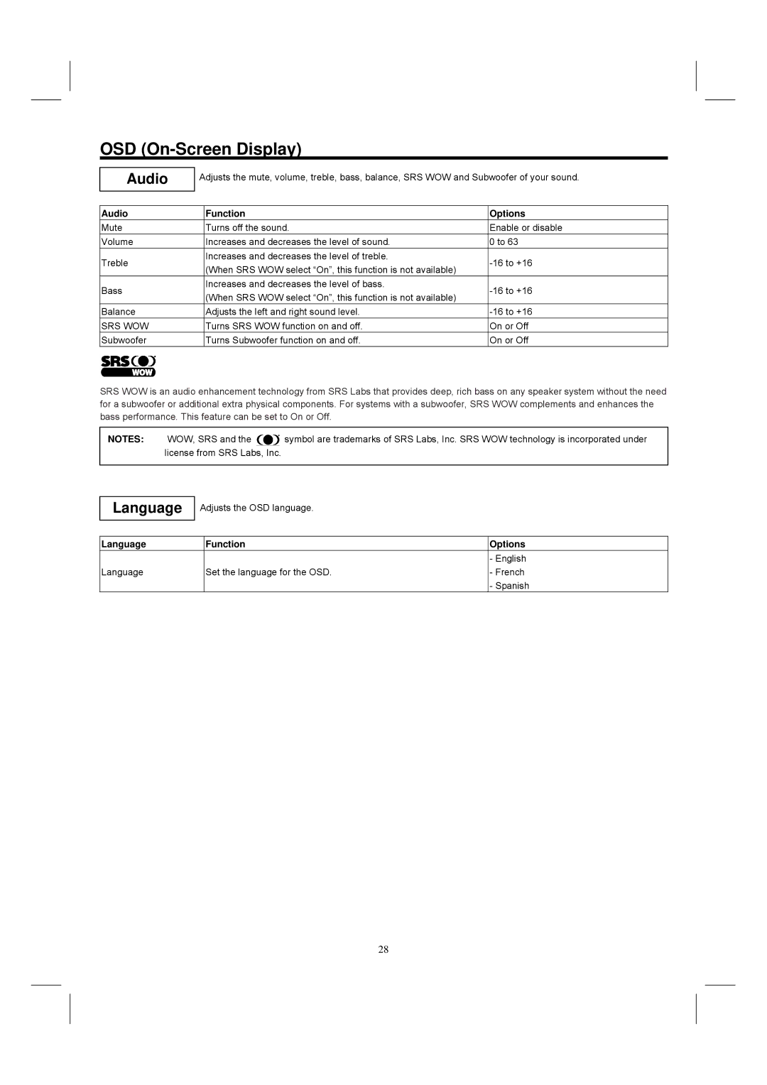 Hitachi 42HDM12 important safety instructions Audio Function Options, Language Function Options 