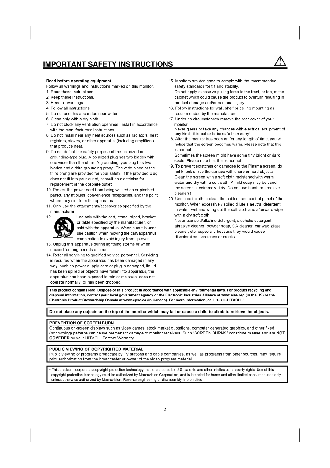 Hitachi 42HDM12 Read before operating equipment, Prevention of Screen Burn, Public Viewing of Copyrighted Material 