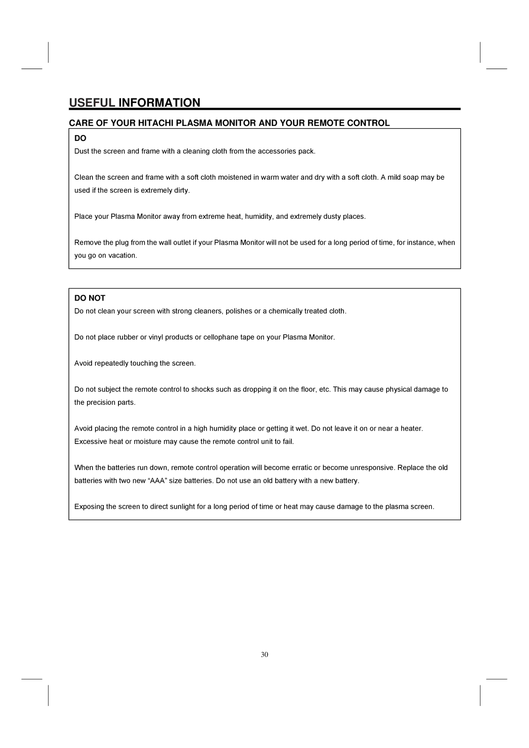 Hitachi 42HDM12 Useful Information, Care of Your Hitachi Plasma Monitor and Your Remote Control 