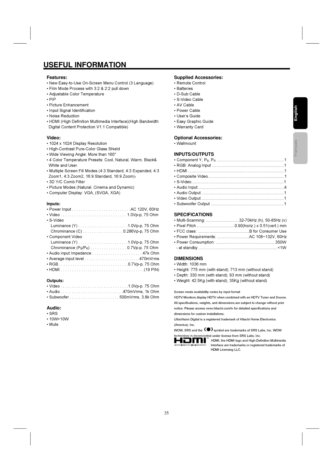 Hitachi 42HDM12 important safety instructions Inputs, Outputs 