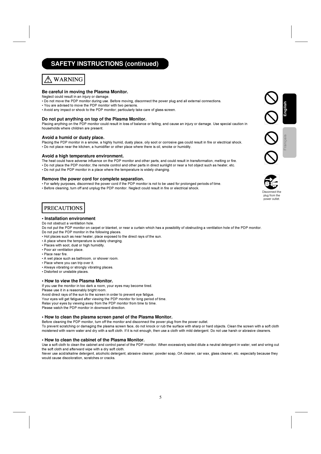 Hitachi 42HDM12 important safety instructions Be careful in moving the Plasma Monitor 