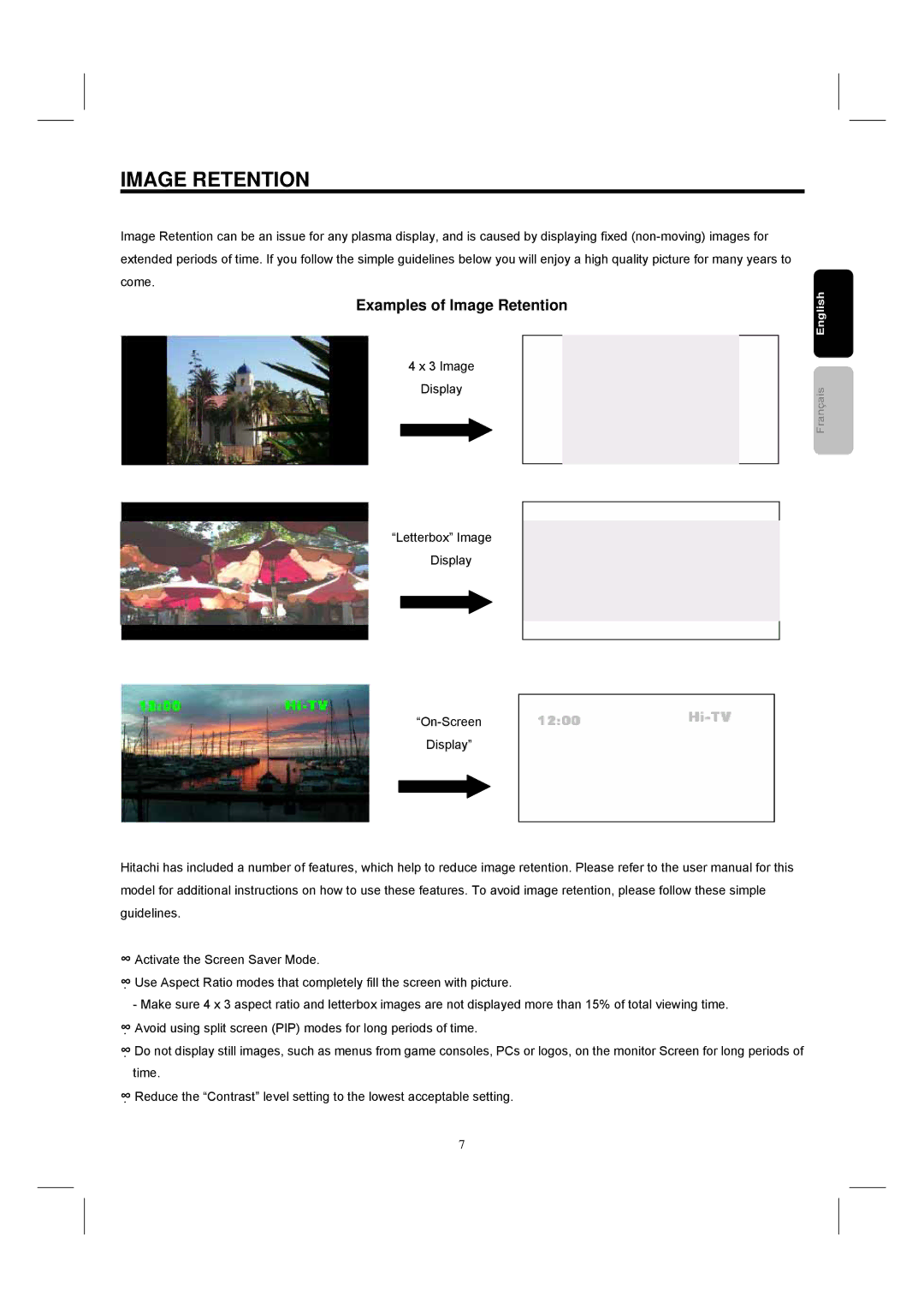 Hitachi 42HDM12 important safety instructions Examples of Image Retention 