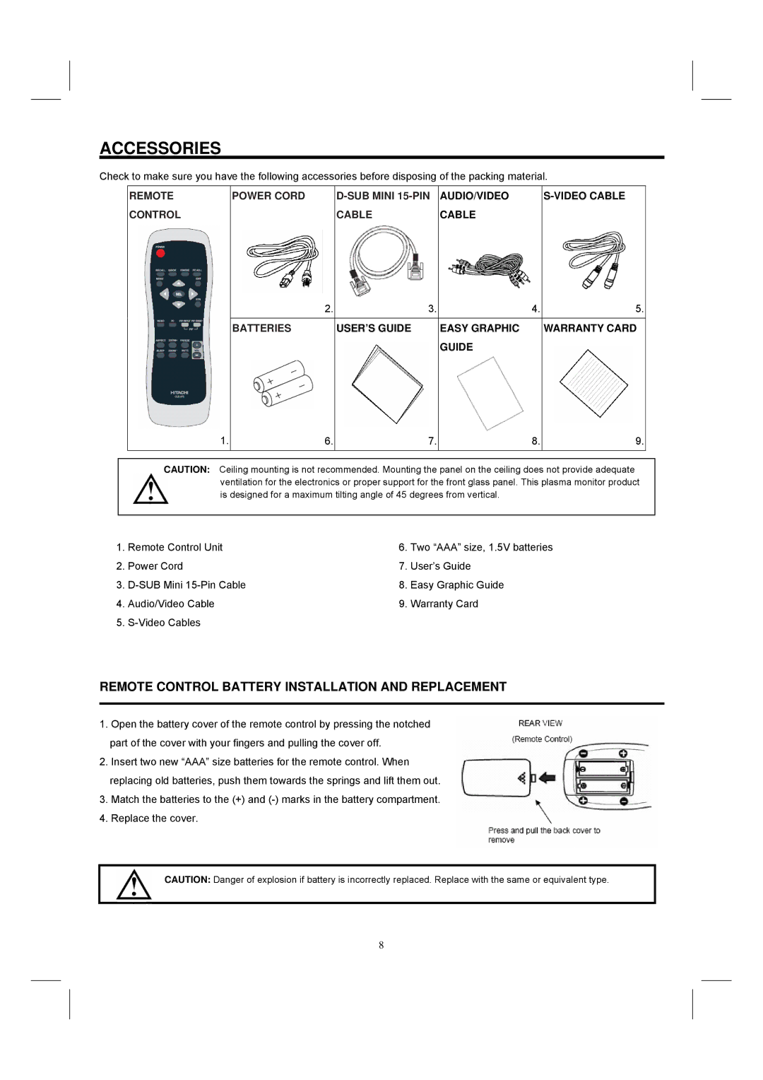 Hitachi 42HDM12 important safety instructions Accessories, Remote Control Battery Installation and Replacement 