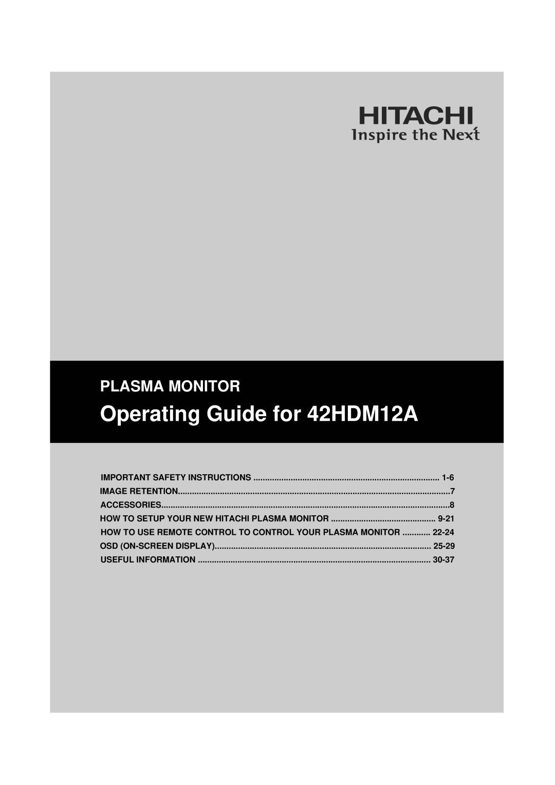 Hitachi important safety instructions Operating Guide for 42HDM12A, Plasma Monitor, 9-21, 22-24, Osd On-Screen Display 