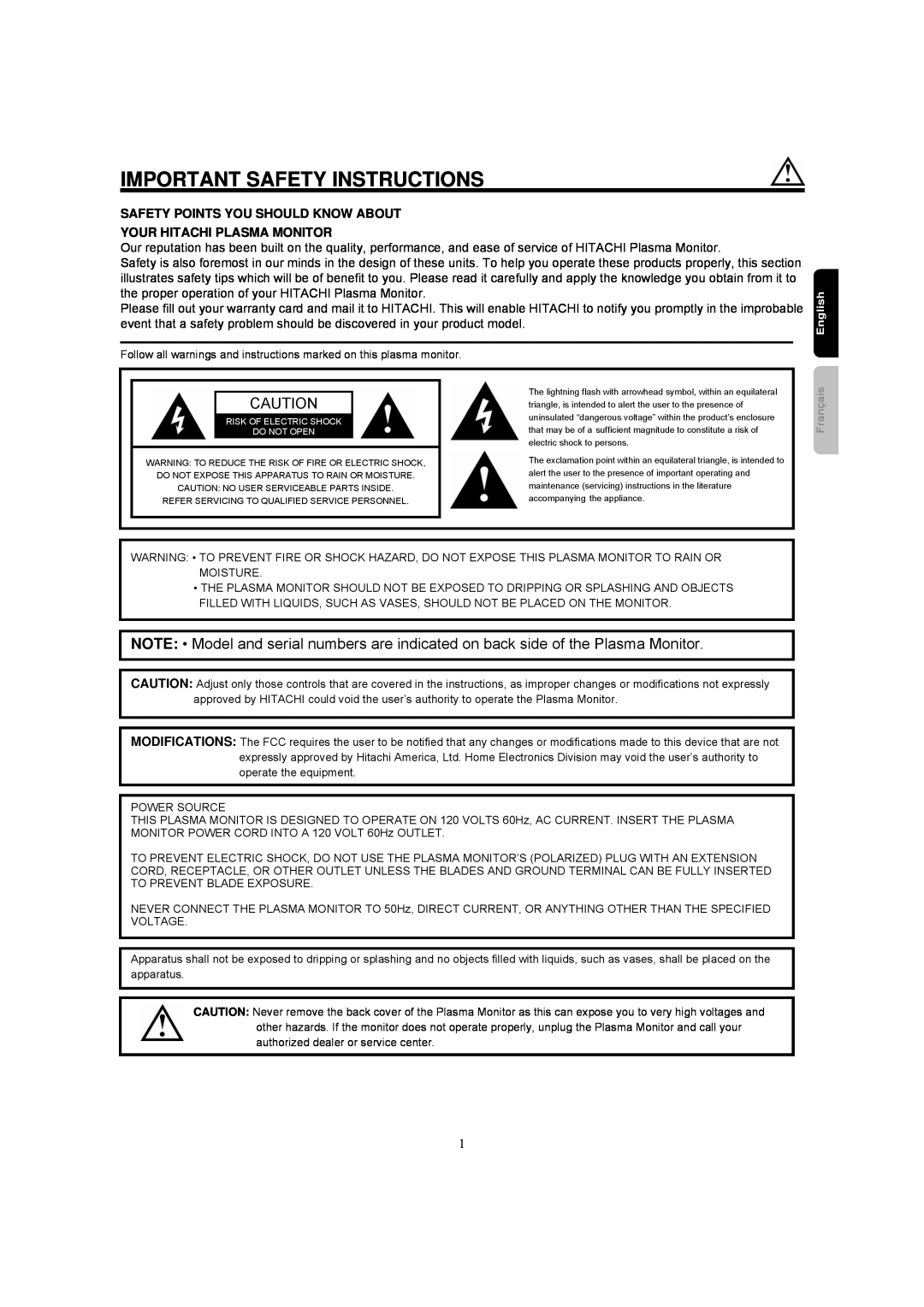 Hitachi 42HDM12A Important Safety Instructions, Safety Points You Should Know About Your Hitachi Plasma Monitor, English 