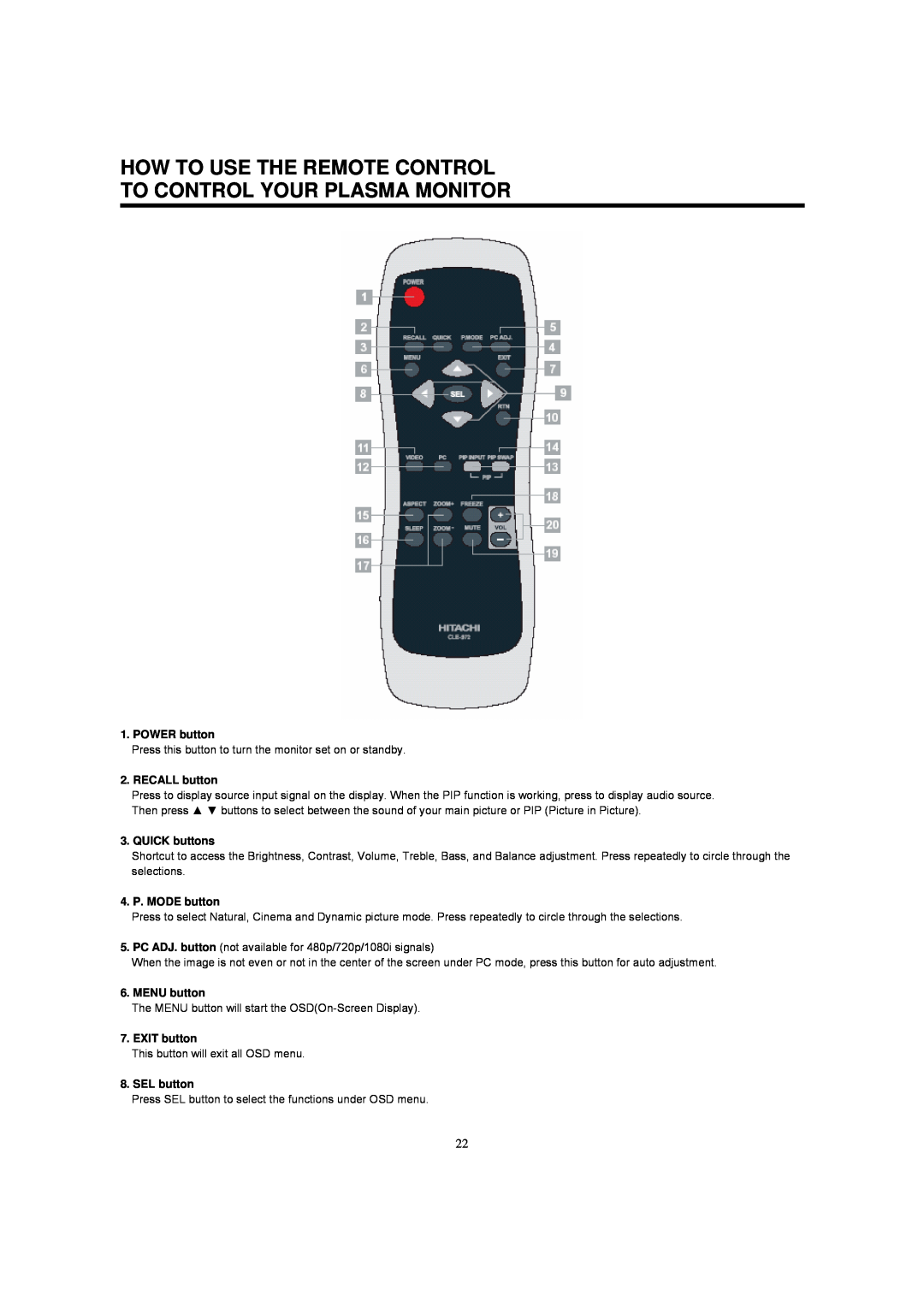 Hitachi 42HDM12A How To Use The Remote Control To Control Your Plasma Monitor, POWER button, RECALL button, QUICK buttons 