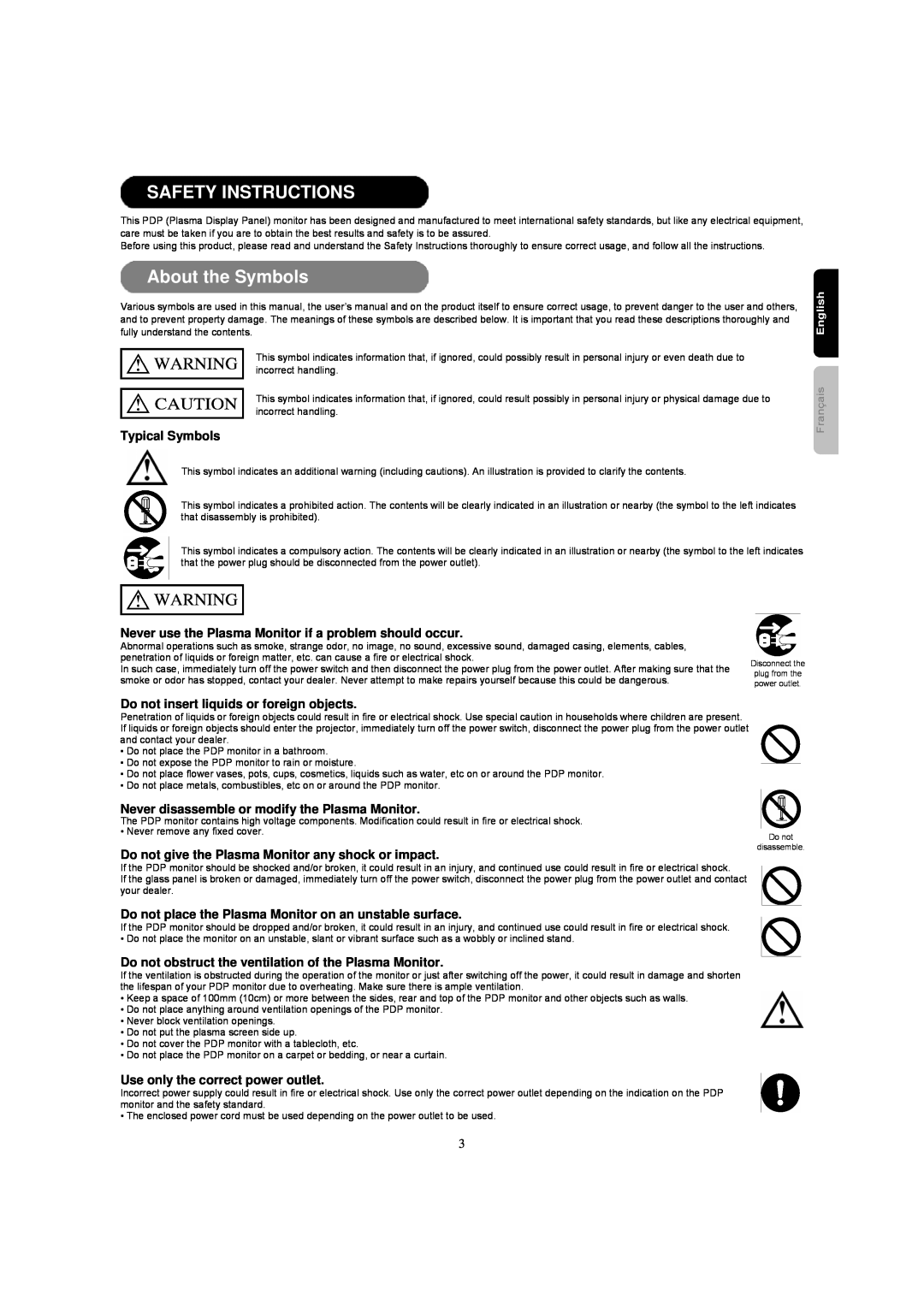 Hitachi 42HDM12A important safety instructions Safety Instructions, About the Symbols, English, Typical Symbols, Français 