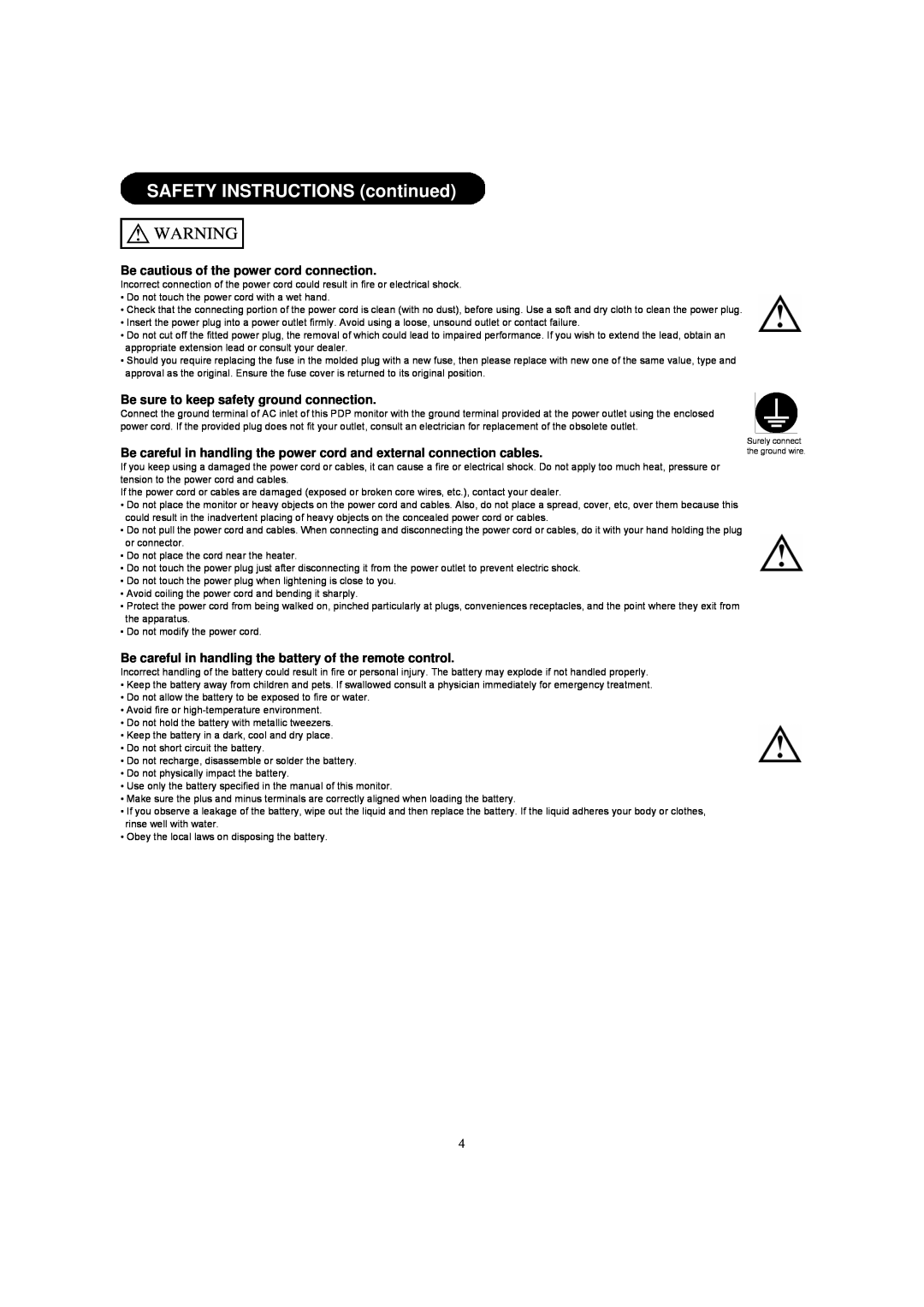 Hitachi 42HDM12A important safety instructions SAFETY INSTRUCTIONS continued, Be cautious of the power cord connection 
