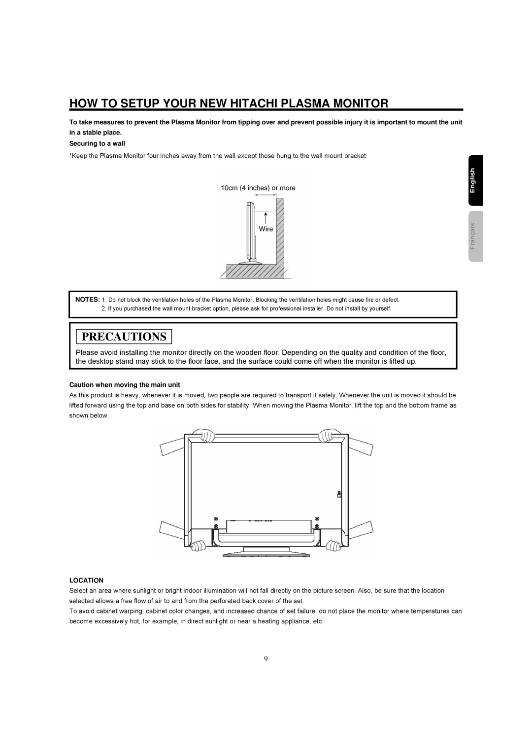 Hitachi 42HDM12A important safety instructions HOW to Setup Your NEW Hitachi Plasma Monitor, Location 