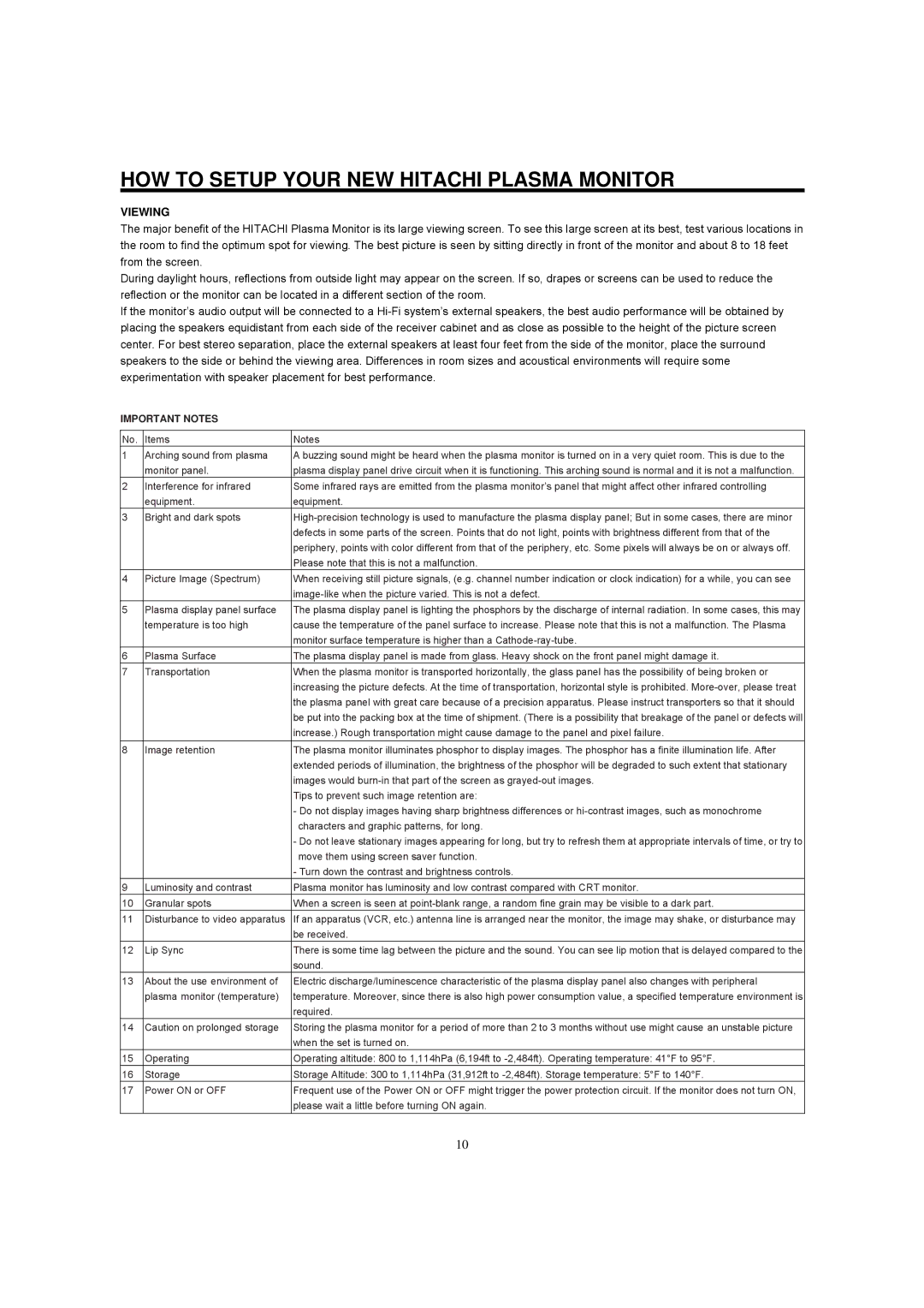 Hitachi 42HDM12A important safety instructions Viewing, Important Notes 