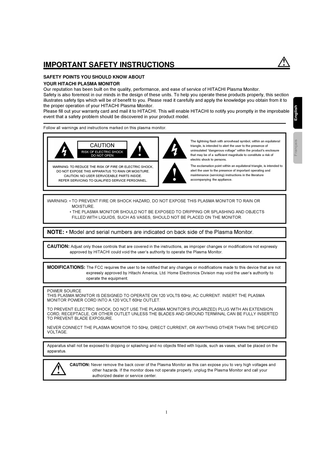 Hitachi 42HDM12A important safety instructions Important Safety Instructions, English 