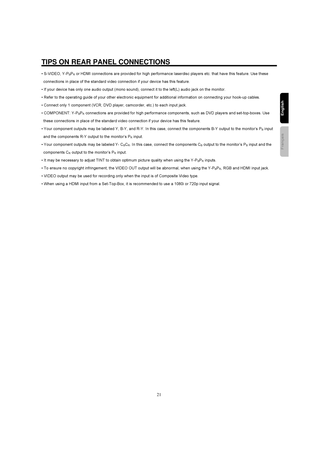 Hitachi 42HDM12A important safety instructions Tips on Rear Panel Connections 