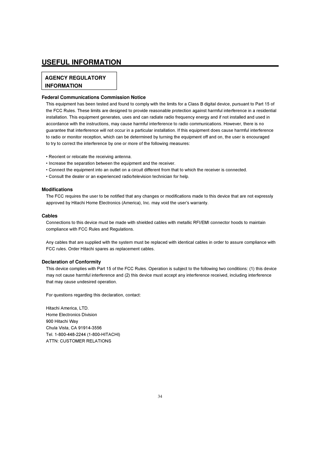 Hitachi 42HDM12A important safety instructions Agency Regulatory Information, Federal Communications Commission Notice 