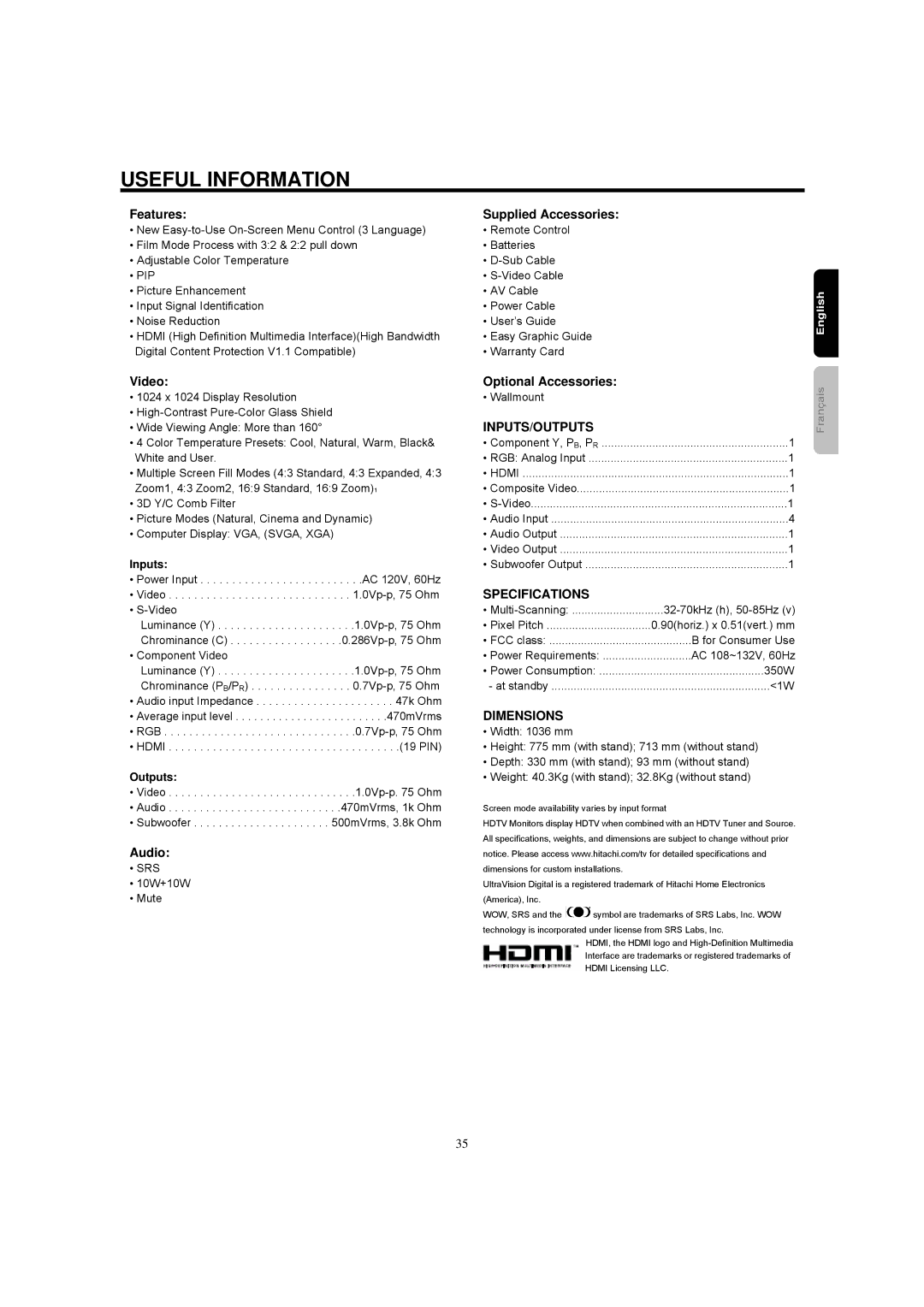 Hitachi 42HDM12A important safety instructions Inputs, Outputs 