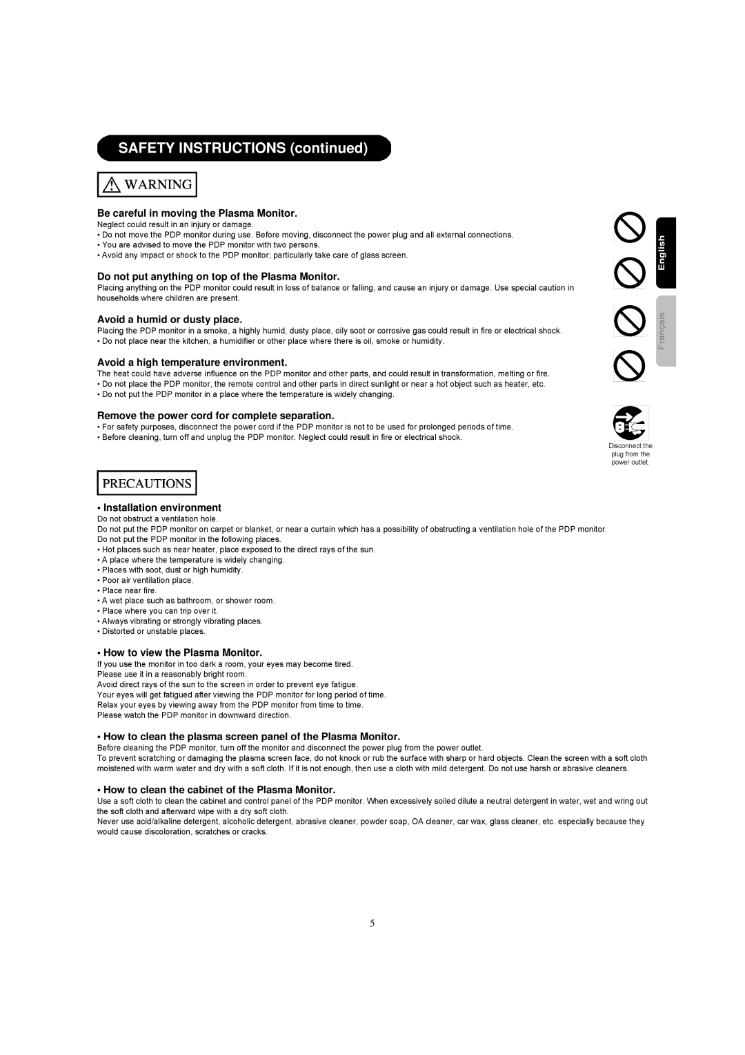 Hitachi 42HDM12A important safety instructions Be careful in moving the Plasma Monitor 