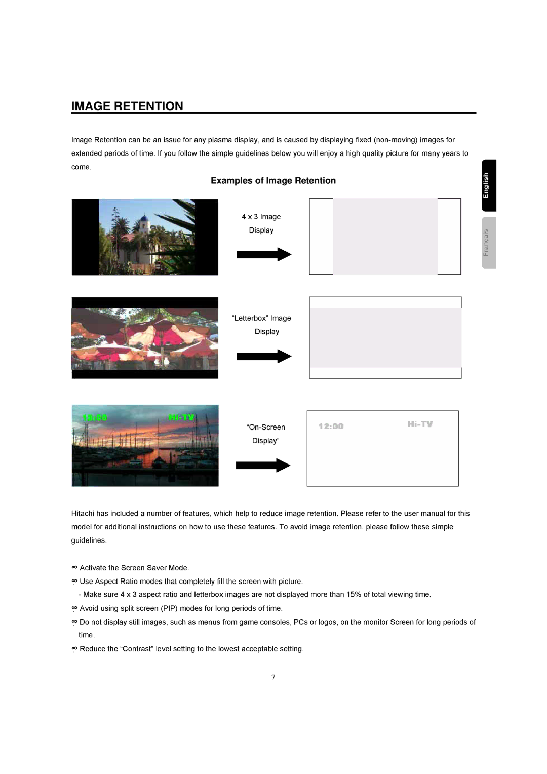 Hitachi 42HDM12A important safety instructions Examples of Image Retention 