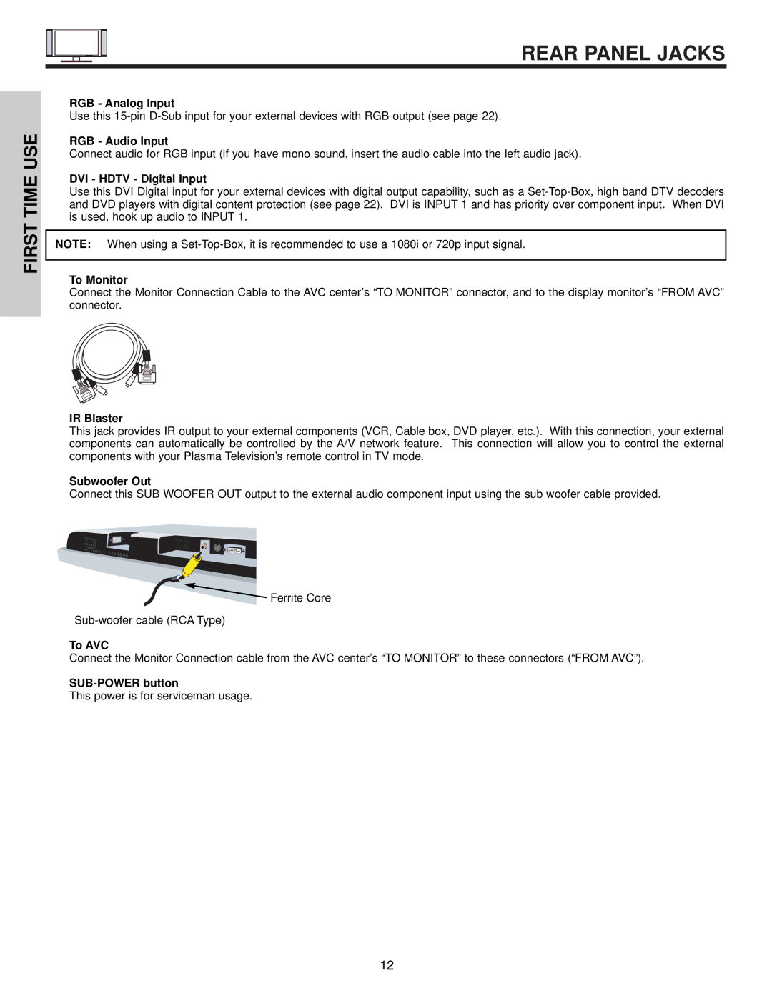 Hitachi 42HDT55 RGB Analog Input, RGB Audio Input, DVI Hdtv Digital Input, To Monitor, IR Blaster, Subwoofer Out, To AVC 