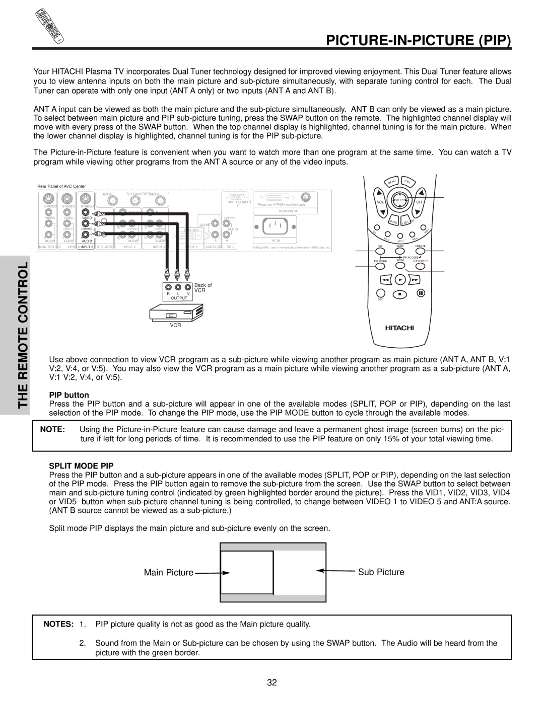 Hitachi 32HDT55, 42HDT55, 50HDT55 important safety instructions Picture-In-Picture Pip, PIP button, Split Mode PIP 