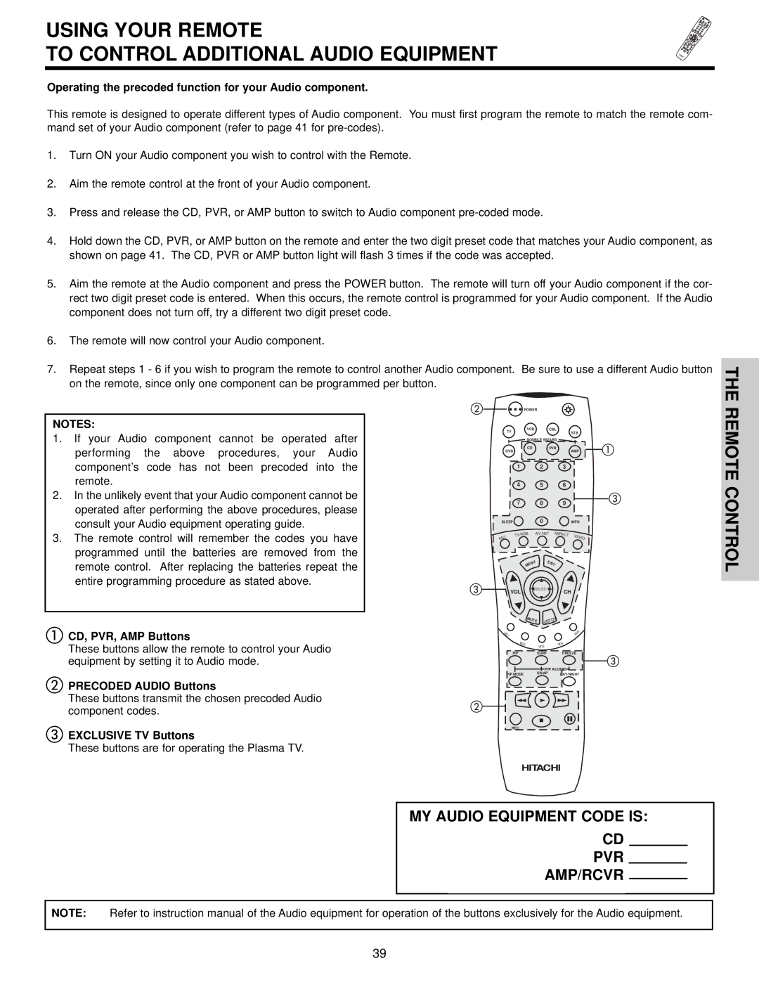 Hitachi 42HDT55, 50HDT55, 32HDT55 important safety instructions Using Your Remote To Control Additional Audio Equipment 