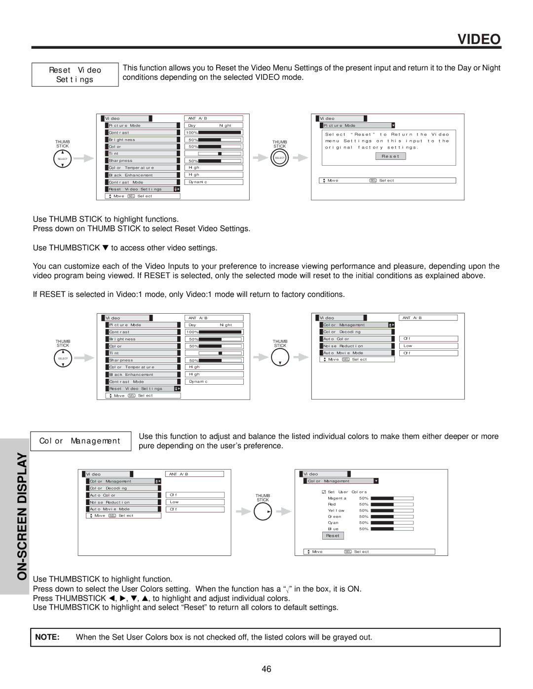 Hitachi 50HDT55, 42HDT55, 32HDT55 Reset Video Settings, Color Management, Pure depending on the user’s preference 