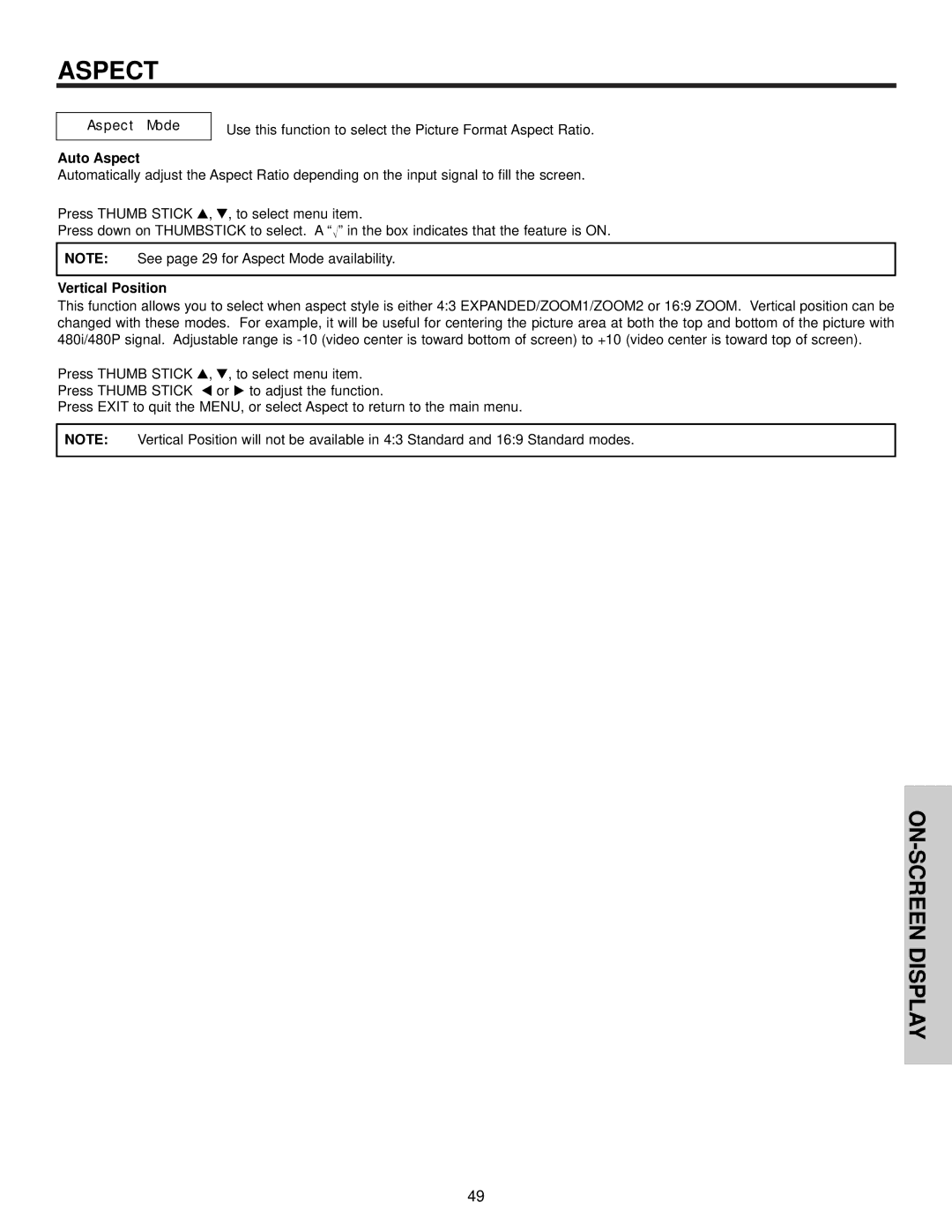 Hitachi 50HDT55, 42HDT55, 32HDT55 important safety instructions Aspect Mode, Auto Aspect, Vertical Position 