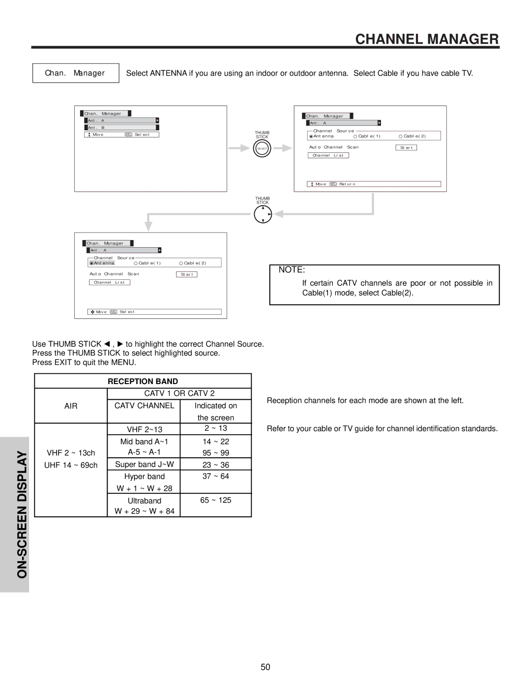 Hitachi 32HDT55, 42HDT55, 50HDT55 important safety instructions Channel Manager, Chan. Manager, Reception Band 