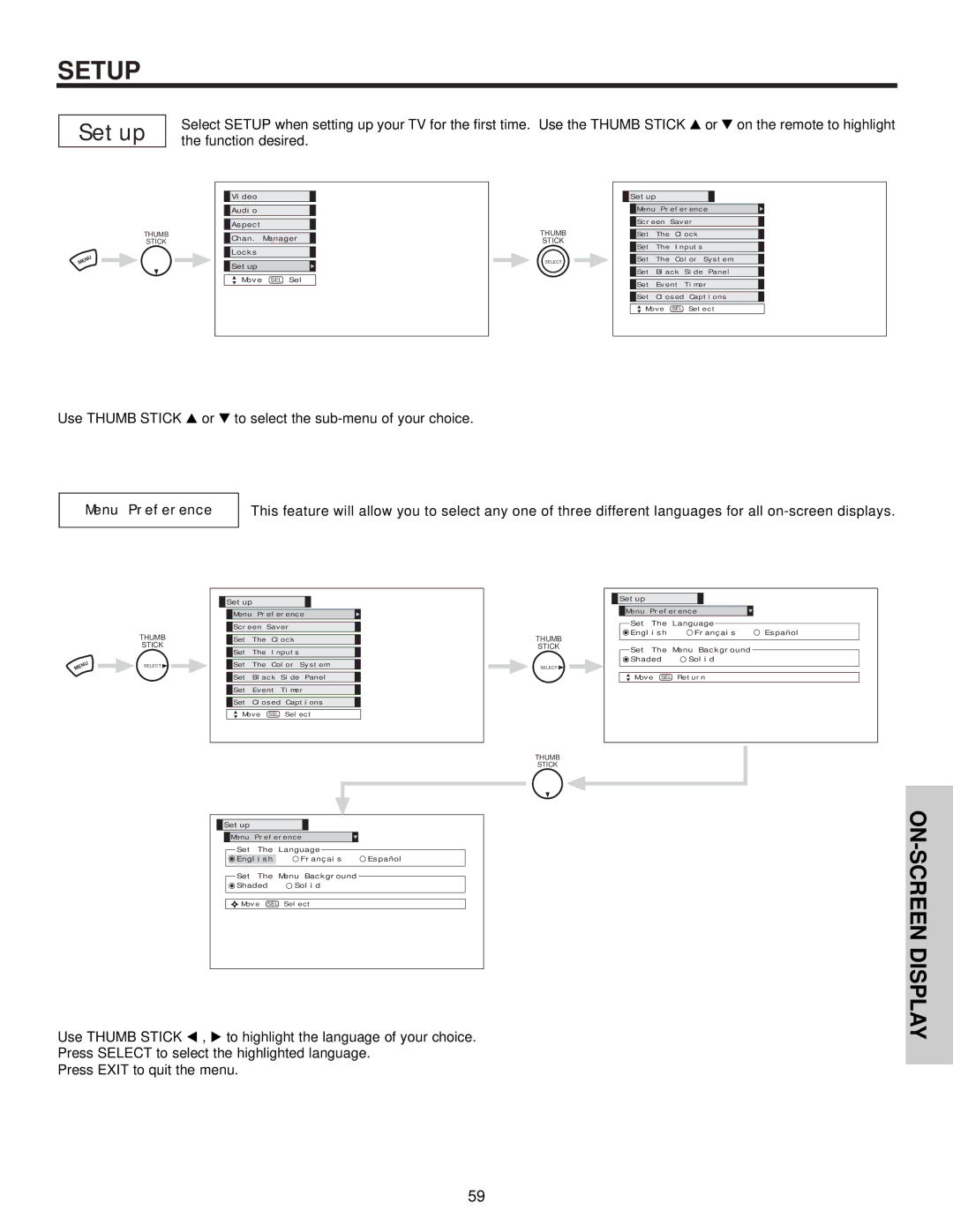 Hitachi 32HDT55, 42HDT55, 50HDT55 important safety instructions Setup, Menu Preference 