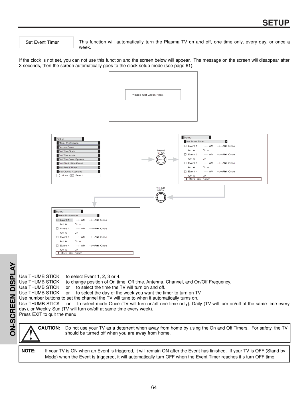 Hitachi 50HDT55, 42HDT55, 32HDT55 important safety instructions Set Event Timer, Please Set Clock First 