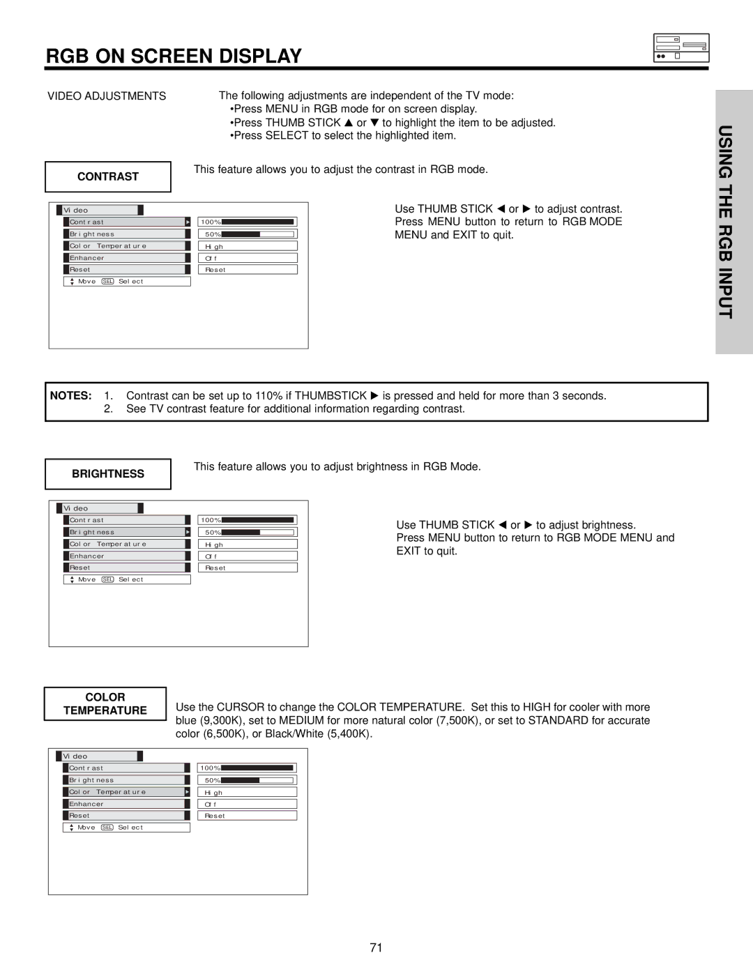 Hitachi 32HDT55, 42HDT55, 50HDT55 important safety instructions RGB on Screen Display, RGB Input, Contrast, Brightness, Color 