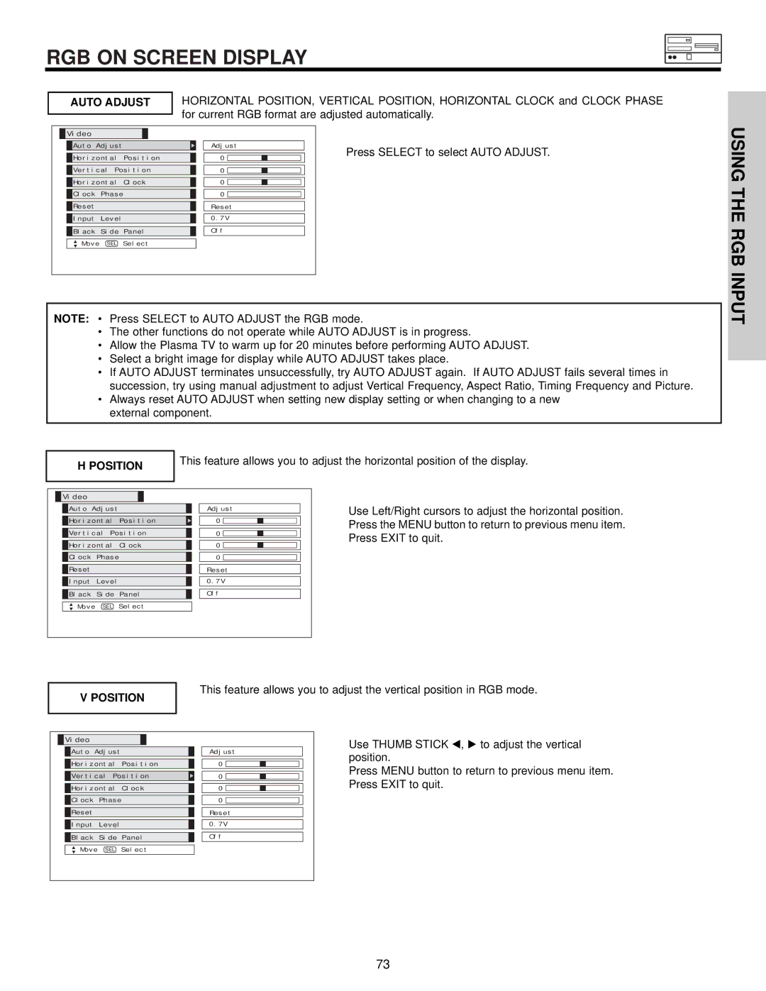 Hitachi 50HDT55, 42HDT55, 32HDT55 important safety instructions Auto Adjust, Position 