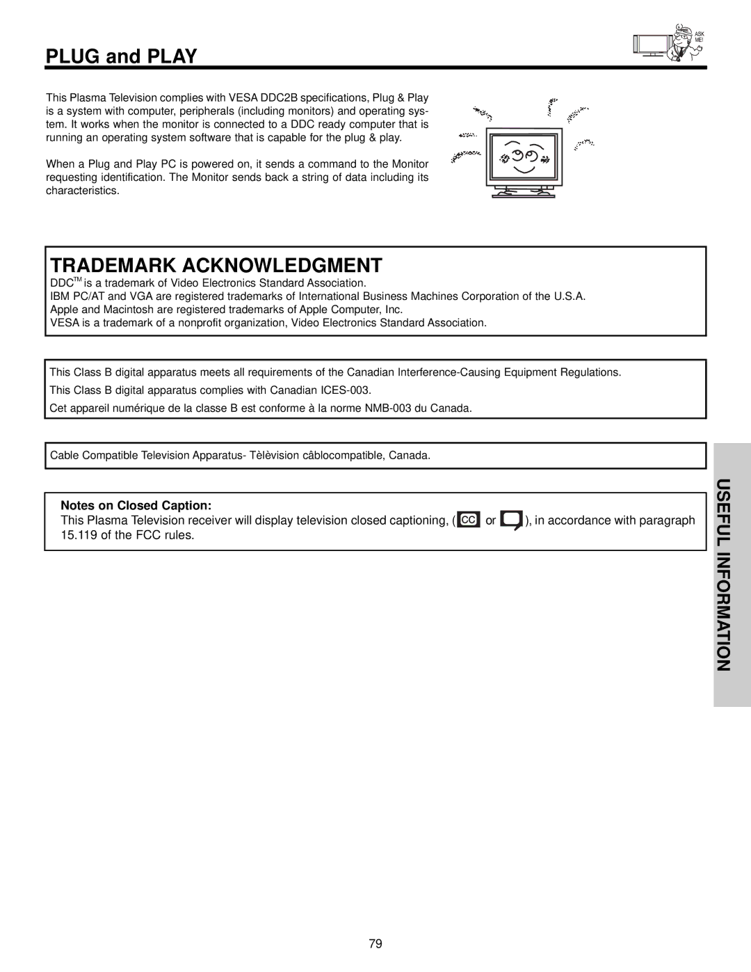 Hitachi 50HDT55, 42HDT55, 32HDT55 important safety instructions Plug and Play, Trademark Acknowledgment 