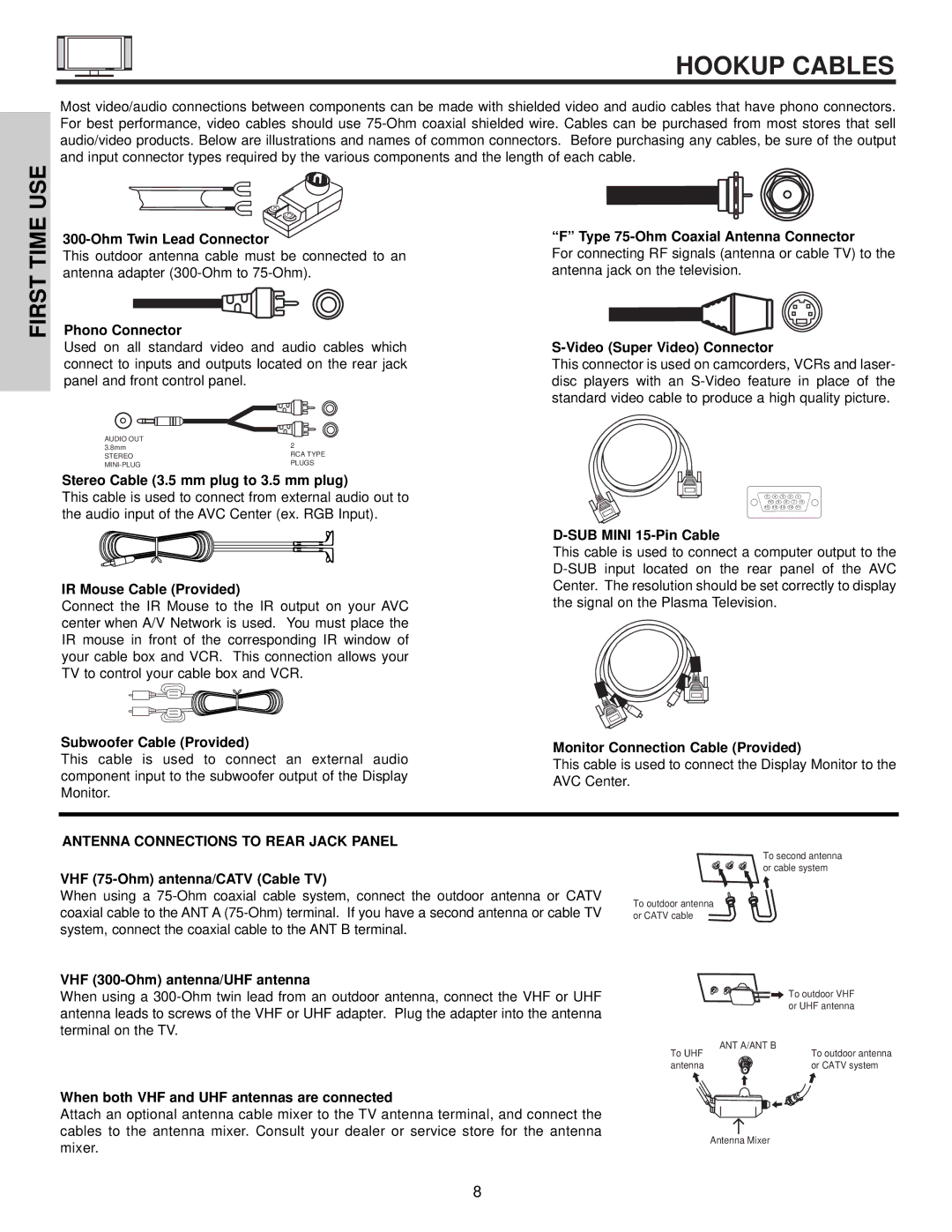 Hitachi 32HDT55, 42HDT55, 50HDT55 important safety instructions Hookup Cables, Antenna Connections to Rear Jack Panel 